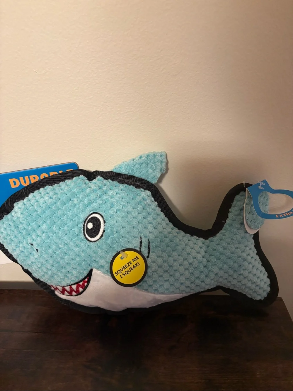 Durable Light Blue Plush Shark Dog Toy with Squeaker